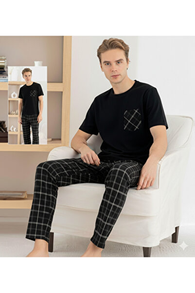 İpek Men's Short Sleeve Crew Neck Plaid Pattern Shorts + Six Long 3-Piece Paj...