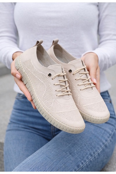 Anıl Ayakkabı B1 2465 J Women's Beige Cream Rubber Laced Genuine Leather Tran...