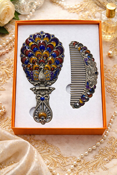 hediyeconcepti Ottoman Vintage Peacock Patterned Hand Mirror & Comb Set – Ant...