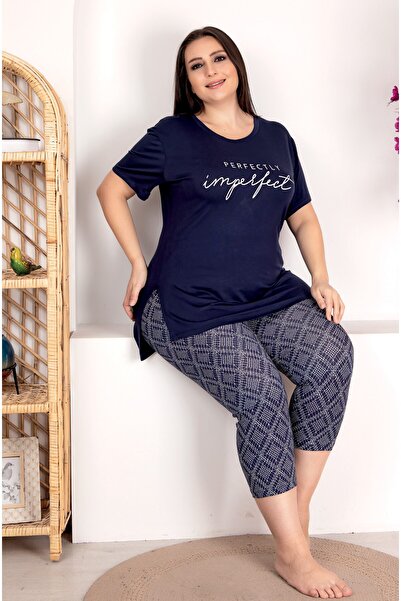 by İGP Navy Blue Patterned Women's Lady Plus Size Tights Capri Pajama Set