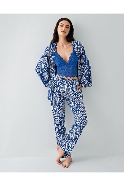 Arnetta Women's Modal/Cotton Lace Bustier and Robe Detailed 3-Piece Pajama Set