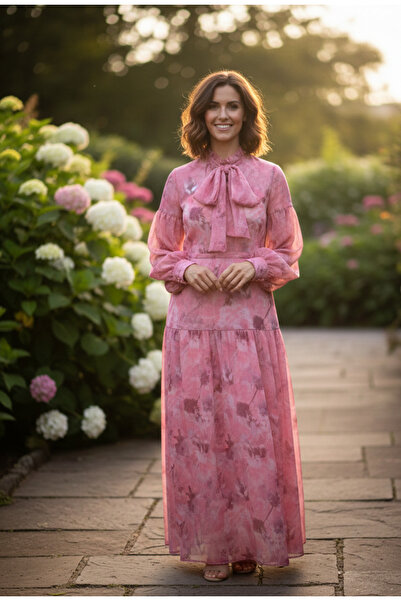 YusGos Women's Lined Patterned Gathered Collar Bow Detailed Chiffon Long Dress