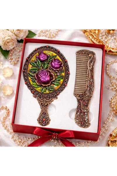 hediyeconcepti Ottoman Palace Collection Embroidered Hand Mirror and Comb Set...