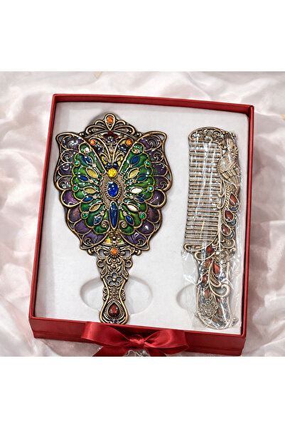 hediyeconcepti Ottoman Palace Collection Embroidered Hand Mirror and Comb Set...