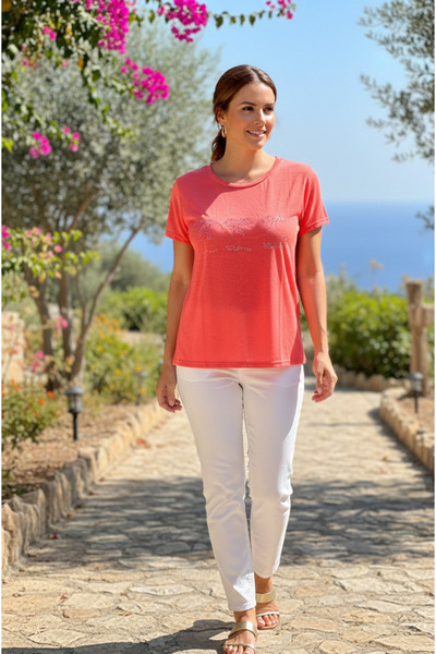 YusGos Crew Neck Cotton Stone-Embellished Blouse T-Shirt