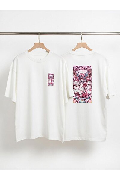 playwear Unisex Λευκό Oversize Βαμβακερό Ροζ Πλεκτό Μπλουζάκι με στάμπα για κ...