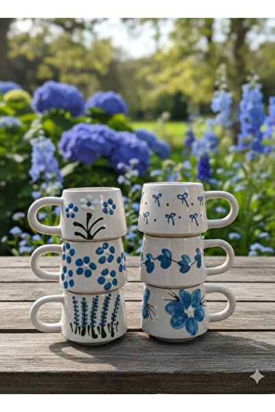 CEYU SERAMİK Mavi Çiçek & Fiyonk Desenli Seramik Kupa Seti (6’lı)