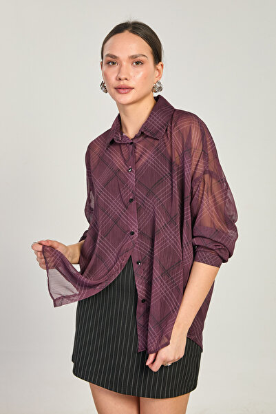 BARRELS AND OIL Women's Plaid Pattern Chiffon Shirt - Plum