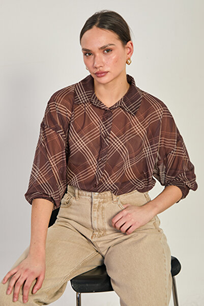 BARRELS AND OIL Women's Plaid Pattern Chiffon Shirt - Brown