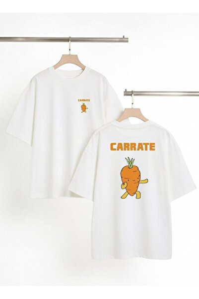 playwear Unisex White Oversize Cotton Carrate Carrot Front and Back Printed K...