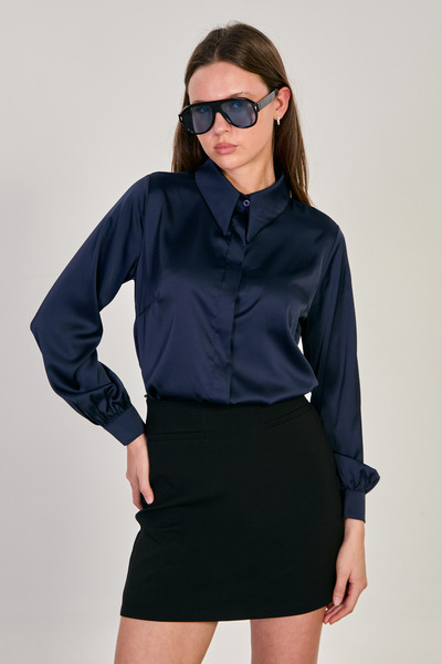 BARRELS AND OIL Women's long sleeve satin shirt - navy blue