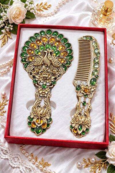 hediyeconcepti Ottoman Palace Collection Embroidered Hand Mirror and Comb Set...