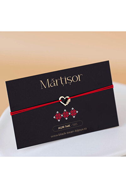 BLACK SWAN Bijoux Martisor bracelet with red string Heart and Boy made of 14K...