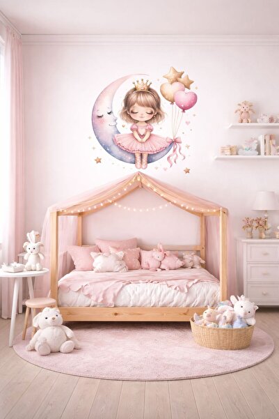 Sim Tasarım Cute Girl Sitting on the Moon Kids Room Wall Sticker Set