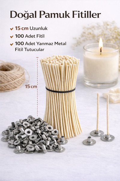Lumiarte 15 cm Sert Mumlanmış Hazır %100 Pamuk Mum Fitili 100 Adet + Metal Fi...