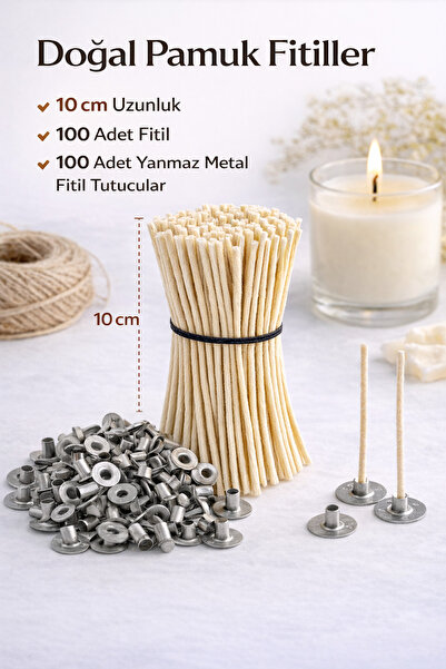 Lumiarte 10 cm Sert Mumlanmış Hazır %100 Pamuk Mum Fitili 100 Adet + Metal Fi...