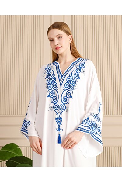 ELEWOMEN Premium White Embroidery Detailed Long Viscose Dress - Casual & Spec...