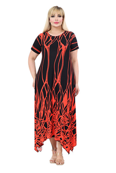 MELSAY Women's Short Sleeve Asymmetrical Cut Red Wavy Reflector Pattern Plus ...