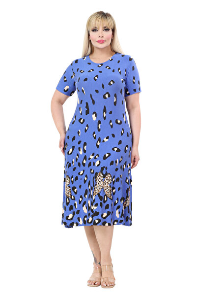 MELSAY Women's Short Sleeve A-Line Blue Skirt Water Leopard Pattern Midi Dress