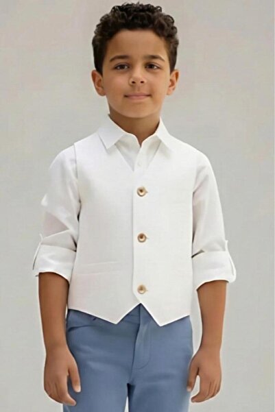 Alesaei-mondo tondo (قميص ولادي أبيض مع سديري أنيق وبابيون 4156)