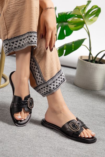 ZSHOES Papuci de damă cu detaliu cataramă la centură, model trandafir