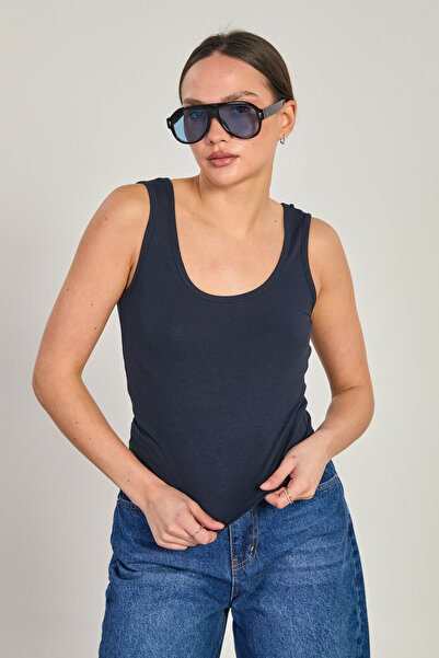 BARRELS AND OIL Women's deep v-neck crop tank top - navy blue