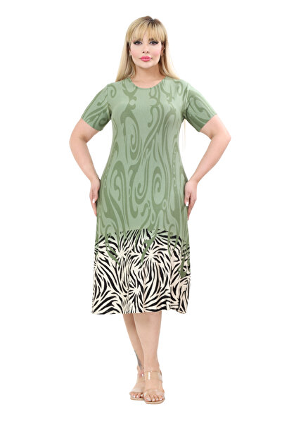 MELSAY Women's Short Sleeve Green Skirt Striped Pattern A-Line Plus Size Dress