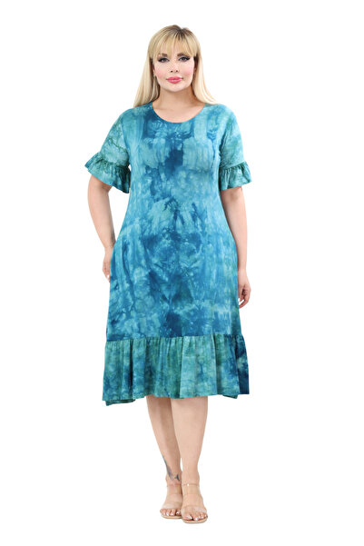 MELSAY Women's Short Sleeve Turquoise Tie-Dye Washed Dress with Ruffled Sleev...