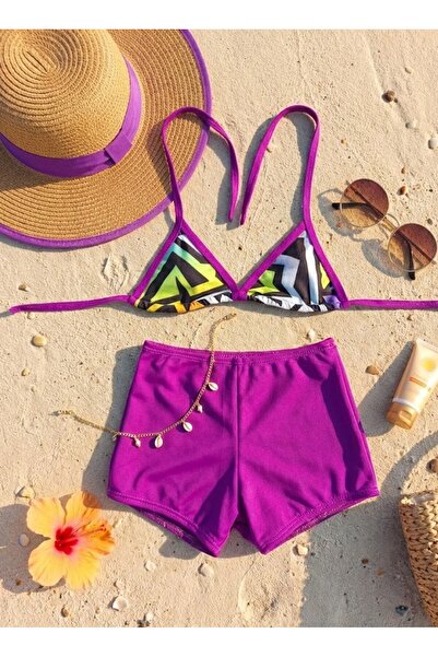 IŞILMAY Kız Çocuk Mor Geometrik Desenli Şortlu Bikini Takımı