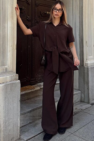 Swist Kahverengi Kısa Kol Bağlama Detay Uzun Gömlek-Pantolon Kadın Alt Üst Takım