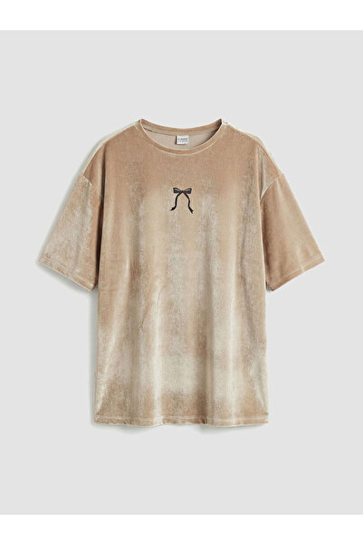 LC Waikiki Lcw Kids okrugla kragna Mašna Štampano Ženska Dječja Somot Majica