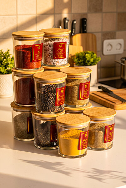 Snippy Lang - 12'li Bambu Vakumlu Kapaklı Etiketli Cam Saklama Kabı Baharatlı...