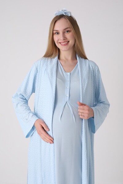 BLACKMORE Women's Blue Jacquard Patterned Lace Cotton Maternity Nightgown-Dre...