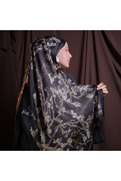 Mehru Scarfs Van Gogh - Almond Grey %100 İpek Şal 65*185cm 'art On Silk'
