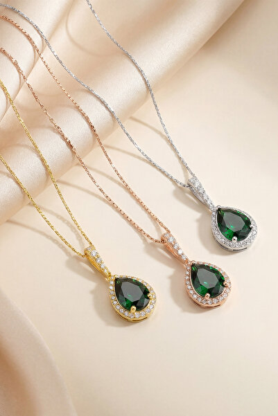 eva'sjewellery diamond 925 Ayar Gümüş Damla Kesim Zümrüt Kolye – Zirkon Taşlı...