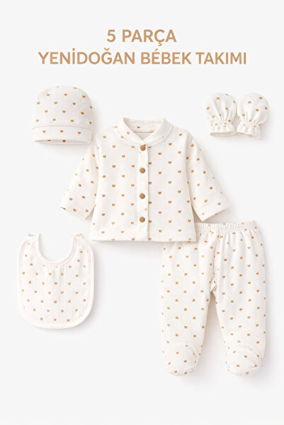 My Babies Label Yenidoğan Kalp Desenli Pamuklu Kumaş 5'li Hastane Çıkışı