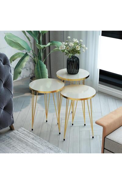 MRVHOMEE 3’lü Zigon Sehpa Seti – 33 cm – Gold Tel Ayaklı krem