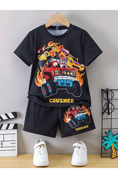 Kids Летен комплект от черни шорти и тениска с принт на коли за момчета