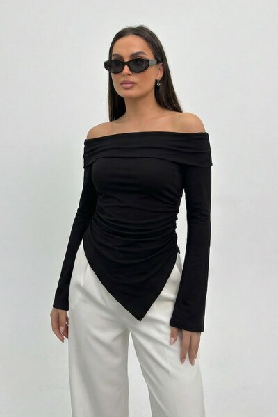 spirituel Women's Blouse Asymmetrical Slit Carmen Collar Off-The-Shoulder Fit...