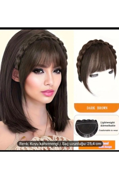 Handmade Koyu kahverengi örgü detaylı kahkül saç, kolay kullanımlı kahkül