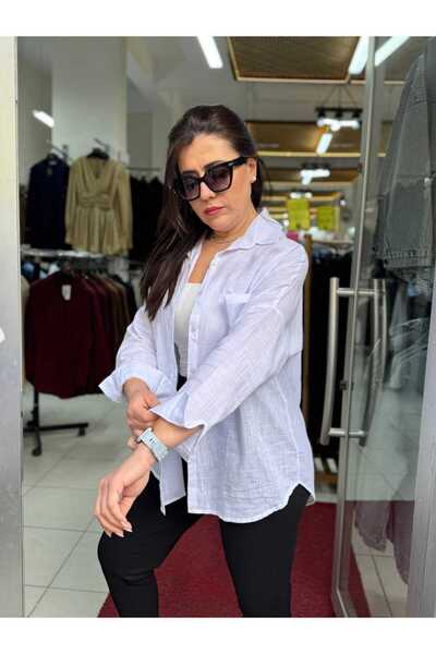 MODA Kadın Oversize Keten Gömlek Tek Cepli Yazlık Salaş Gömlek Standart Beden...