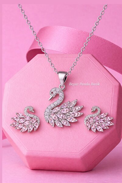 Beyaz Panda Butik Çelik Kuğu kolye Kararmaz Kaplama Kuğu Küpe Seti