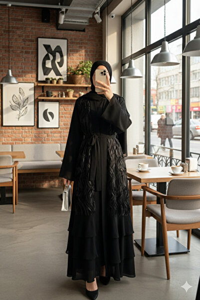 bellura Önü Tül Detaylı Kemerli Eteği Katlı Abaya Takım