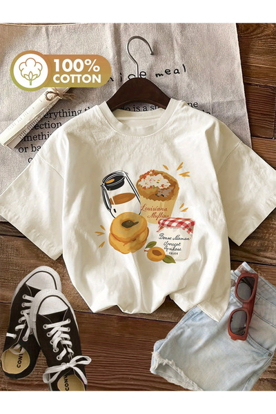 Sweet Cotton تيشيرت قطني كبير الحجم بطبعة الطعام وياقة الدراجة