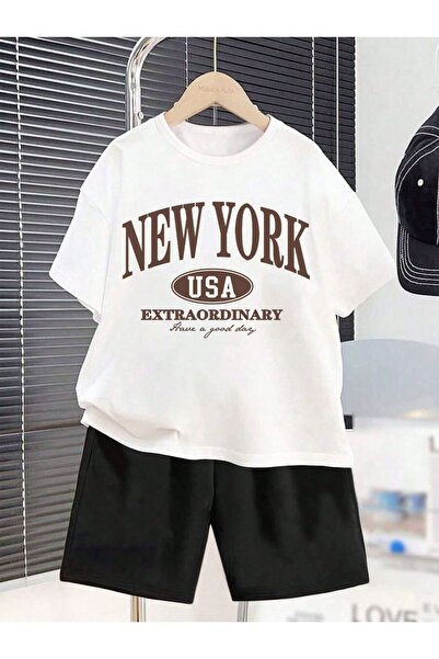Kids Summer New York Usa Coffee Text Printed Boys and Girls Black Shorts, Whi...