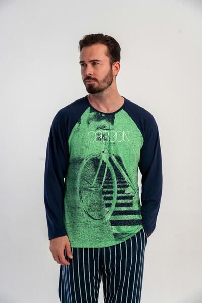 OBJE Men's Green Lycra Polyviscon O-Neck Long Sleeve Pajama Top