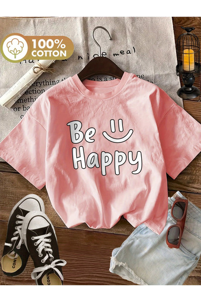 Sweet Cotton Happy Printed Oversize Cotton Crew Neck T-Shirt