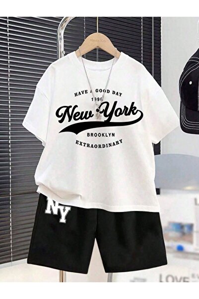 Kids Summer New York Brooklyn Ny Printed Boys and Girls Black Shorts, White T...