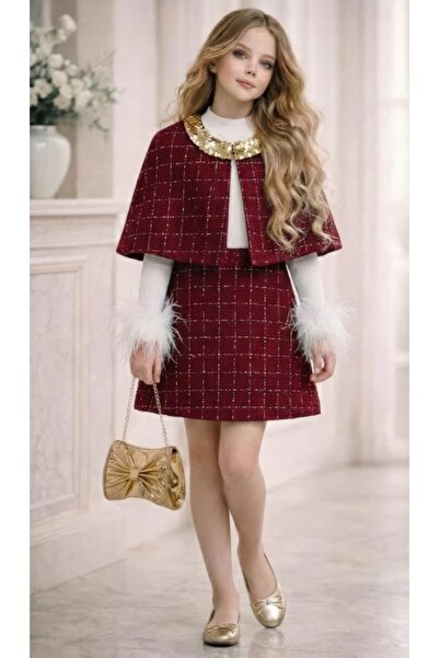 Kids Girl's Tweed Cape Skirt Set, 4-Piece Set, Holiday Combination