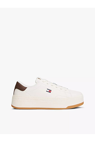 Tommy Hilfiger Women's Platform Sole Low-Top Logo Detailed Leather White-Brow...